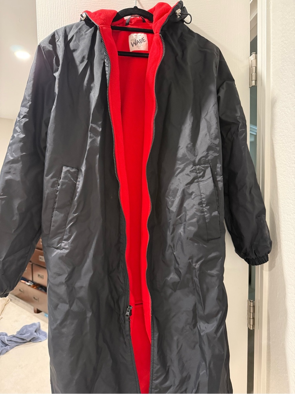Adult Men's small Black Long Hooded Coat with Red Fleece Lining